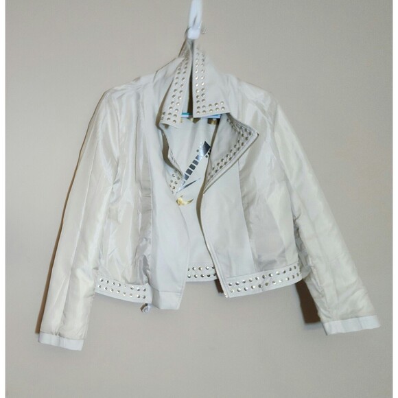 NWT NYC Washable Faux Leather Graphic Moto Jacket Drive Guitar Ivory Studded Med - Picture 4 of 9